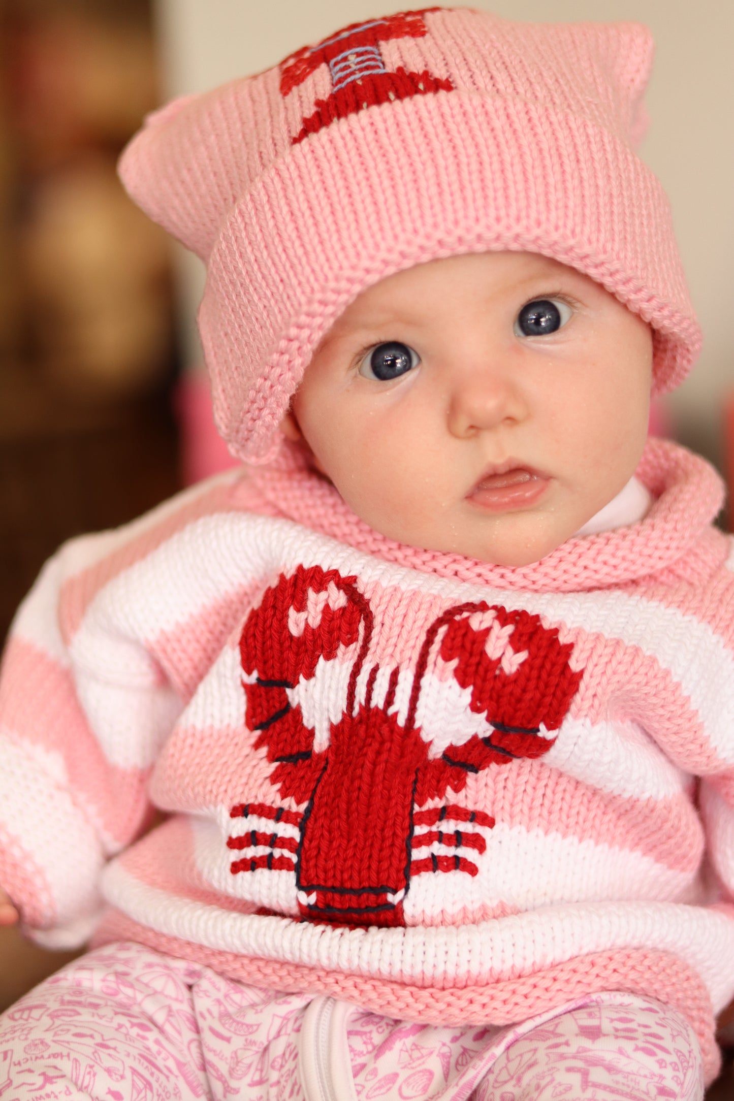 Roll Neck Striped Lobster Sweater Pink