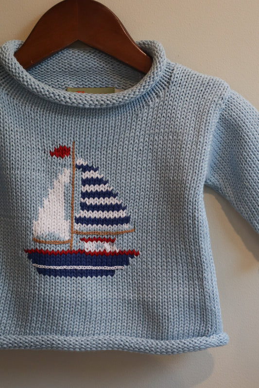 Roll Neck Sailboat Sweater Blue